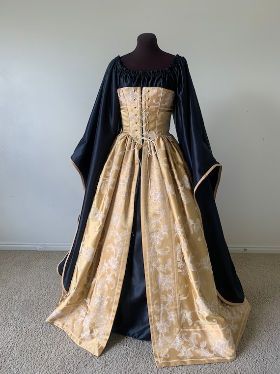black distressed dress Gothic Medieval Renaissance Witch Dress, White / L/XL (Bust 23.6-50.4 inch)