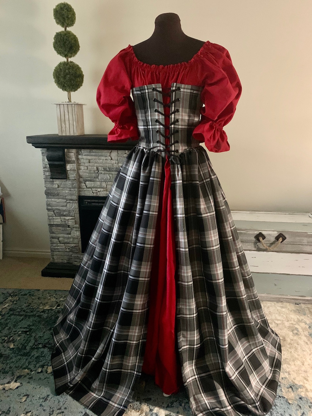 red and grey plaid dress Black Gray Tartan Corset Gown Red Chemise Irish Celtic Fantasy Renaissance Made to fit you! Elle Woods