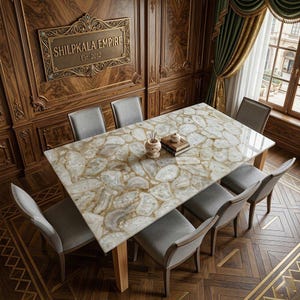 Handmade White Agate Dining Table, Natural Gemstone Top, Luxury Stone Furniture