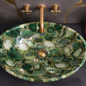 Handcrafted Green Agate Vessel Sink, Natural Stone Oval Wash Basin, Luxury Vanity Sink