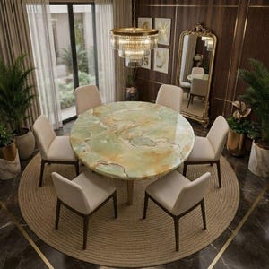 May include: A round dining table with a polished green and gold marble top, supported by a central base, surrounded by six upholstered cream-colored chairs with dark wooden legs, all placed on a large circular woven rug in a dining room.