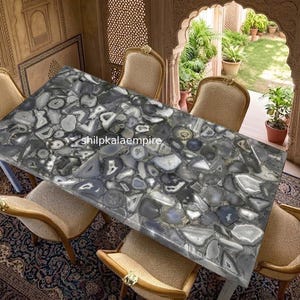 Handmade Grey Agate Stone Dining Tabletop, Natural Gemstone Furniture (Tabletop Only)