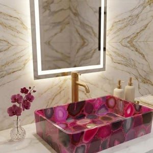 Rectangle Pink Agate Stone Vessel Sink, Luxury Gemstone Bathroom Basin, Handmade Vanity