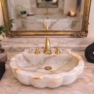 Handmade White Onyx Floral Vessel Sink, Natural Stone Bathroom Wash Basin