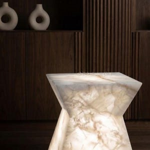 Luminous White Onyx Cube Pedestal, Modern Stone Side Table, Luxury Home Decor Accent