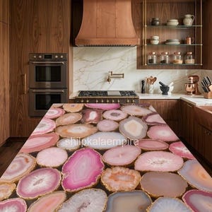 Mesa de comedor de ágata rosa / Muebles de cocina de lujo hechos a mano en piedra natural