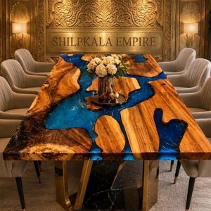 May include: A rectangular dining table featuring a natural wood slab surface with a vibrant blue resin river inlay, supported by a gold metal base. The table is surrounded by eight light gray upholstered chairs and holds a vase of white flowers.