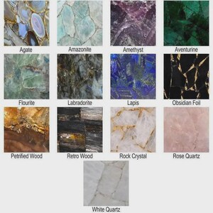 K&ouml;nnte beinhalten: Ein Raster aus dreizehn quadratischen Stein- und Mineralmustern, beschriftet mit Agate, Amazonite, Amethyst, Aventurine, Flourite, Labradorite, Lapis, Obsidian Foil, Petrified Wood, Retro Wood, Rock Crystal, Rose Quartz und White Quartz.