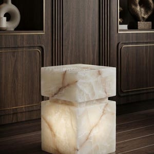 Handmade Natural White Onyx Cube Pedestal, Luxury Stone Display Plinth, Modern Side Table