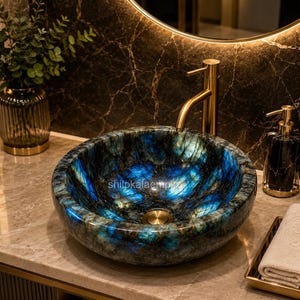 Handmade Labradorite Vessel Sink, Natural Gemstone Wash Basin, Luxury Bathroom Vanity