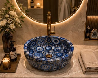 Lavabo de ágata azul hecho a mano / Lavabo de baño con piedra preciosa natural