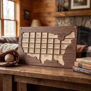 May include: A wooden map of the USA, shaped to show MLB Stadiums, with cut-out sections for each stadium. A baseball and glove are on the left, and baseball books are on the right.