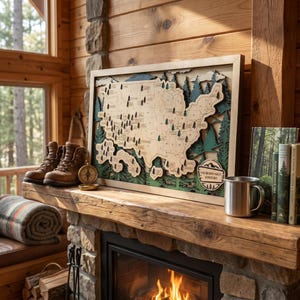 May include: A rectangular wooden wall art piece featuring a layered map of the United States with cut-out state borders, small evergreen tree icons, and a circular plaque in the bottom right corner with the text The Brown Family Adventure.