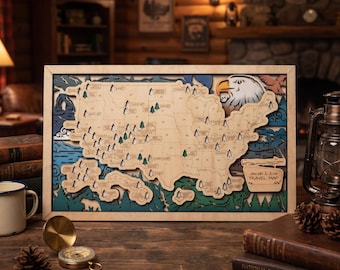 Mapa do Parque Nacional American Eagle, Marcador de Viagem Personalizado em Madeira, Arte de Parede dos Parques dos EUA, Presente de Aventura para Trilhas