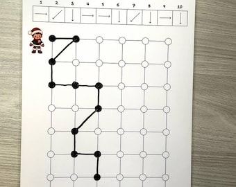Puede incluir: Una hoja de actividades blanca titulada Help the boy find his favorite candy. Presenta una cuadrícula con un camino trazado en tinta negra que conecta a un niño con gorro de Papá Noel con un icono de casa de jengibre.