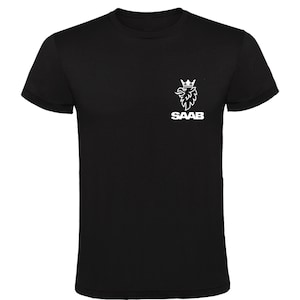 May include: Black t-shirt with a white Saab logo on the left chest. The logo features a stylized griffin wearing a crown, with the word "SAAB" below it. The shirt has short sleeves and a crew neck.