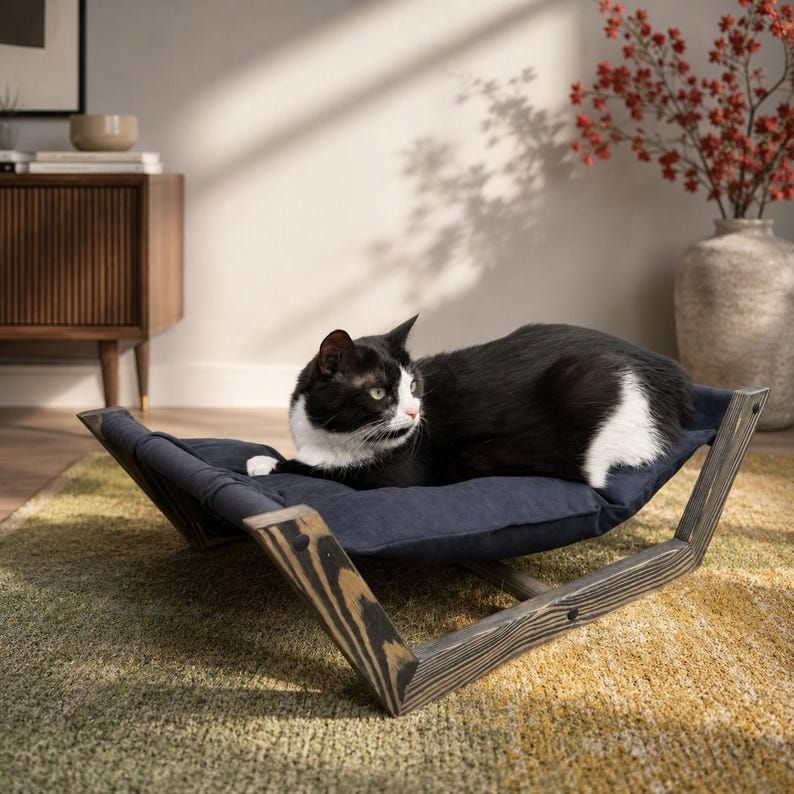 Scandinavian Cat Bed, Minimalist Wooden Cat Hammock with Removable Washable Pillow, Modern Indoor Pet Furniture Black Wood + Black