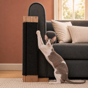 May include: A vertical cat scratching post featuring a natural wood frame and a thick, black rope-wrapped surface. The post is positioned against the side of a dark grey sofa, providing a textured area for a cat to stretch and scratch its claws.