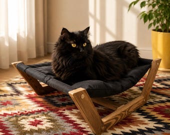 Modern Cat Hammock Bed, Wooden Cat Lounger with Washable Cushion, Portable Floor Pet Bed for Small and Large Cats