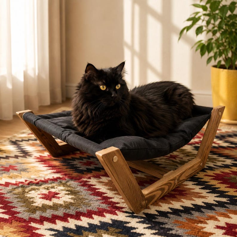 May include: A long-haired black cat resting on a raised pet bed. The bed features a dark gray fabric hammock suspended within a light brown wooden frame with angled legs, providing a comfortable elevated surface for the cat to lounge upon.