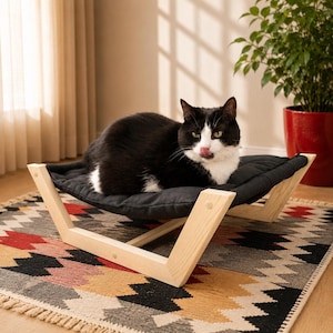 Scandinavian Cat Bed, Minimalist Wooden Cat Hammock with Removable Washable Pillow, Modern Indoor Pet Furniture Natural Wood + Black