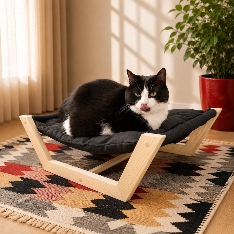 Scandinavian Cat Bed, Minimalist Wooden Cat Hammock with Removable Washable Pillow, Modern Indoor Pet Furniture Natural Wood + Black
