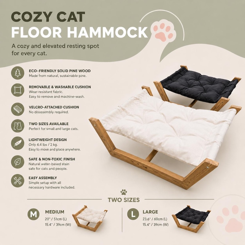 May include: A cat floor hammock with a solid pine wood frame and a removable, washable cushion. The product is available in two sizes: medium, measuring 20 inches by 15.4 inches, and large, measuring 23.6 inches by 15.4 inches. It weighs 4.4 lbs.