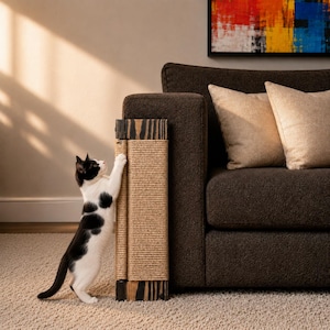 Puede incluir: Un gato blanco y negro se apoya en sus patas traseras para rascar un rascador rectangular de madera. El rascador cuenta con un panel central de cuerda de sisal color canela enrollada, enmarcado por madera teñida de oscuro en los bordes.