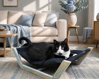 Eco-Friendly Cat Bed, Natural Wooden Cat Hammock with Washable Pillow, Portable Pet Furniture for Indoor Cats