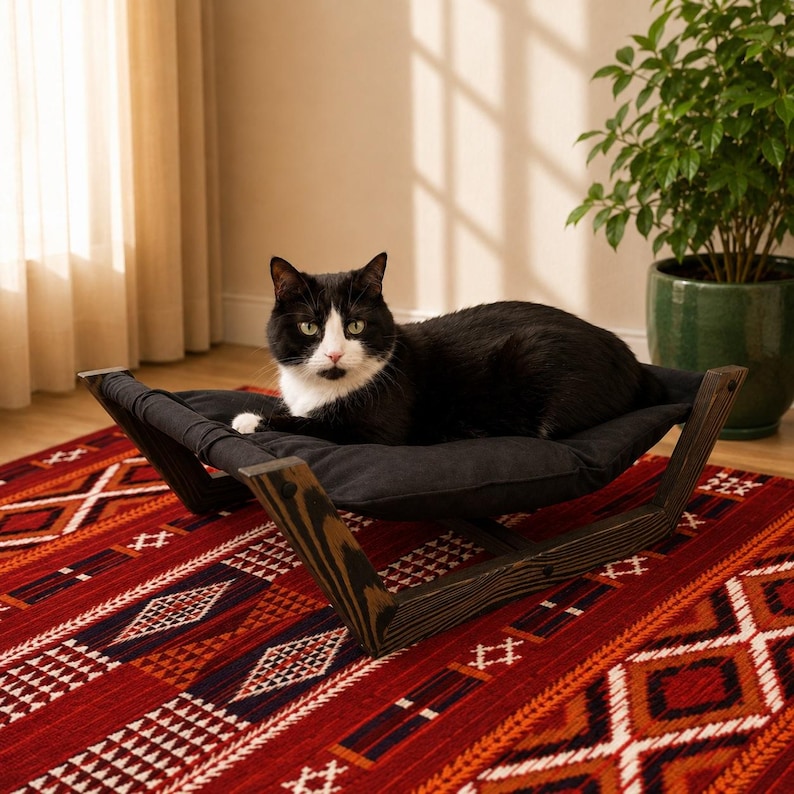 Scandinavian Cat Bed, Minimalist Wooden Cat Hammock with Removable Washable Pillow, Modern Indoor Pet Furniture image 10