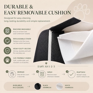 May include: A black and white pet hammock cushion featuring a removable cover with heavy-duty velcro attachments. The text highlights features including machine washable fabric, replaceable covers, and scratch-resistant material, with a three-step removal, wash, and reattach guide. Available in black and white color options.