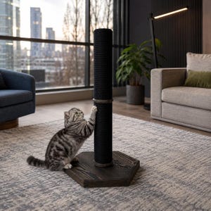 May include: A tall, cylindrical cat scratching post wrapped in black sisal rope, featuring a dark-stained wooden hexagonal base and a matching wooden ring accent. A grey tabby cat is shown with its front paws extended against the post.
