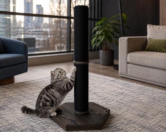 耐久性に優れた猫用爪とぎポール、床置き式キャットポール（天然パイン材ベース、耐摩耗性ロープ付き）