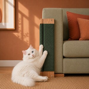 Puede incluir: Un gato blanco con ojos de distinto color arañando un rascador vertical. El rascador cuenta con un panel central de cuerda verde oscuro enmarcado en madera clara, fijado al lateral de un sofá verde salvia con cojines naranjas.