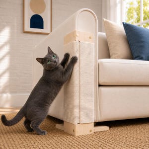 Puede incluir: Un gato gris claro con ojos verdes se apoya en sus patas traseras, rascando un poste vertical envuelto en sisal fijado a la esquina de un sofá color crema. El rascador tiene bordes de madera clara en la parte superior e inferior con herrajes.