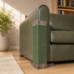 Puede incluir: Un sofá de cuero verde oliva oscuro que presenta un poste rascador rectangular vertical sujeto al reposabrazos lateral. El poste está envuelto en una cuerda de sisal verde gruesa y asegurado con tapas de madera teñida oscura en los extremos.