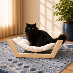 Scandinavian Cat Bed, Minimalist Wooden Cat Hammock with Removable Washable Pillow, Modern Indoor Pet Furniture Natural Wood + White
