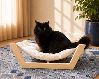 Solid Wood Cat Bed with Removable Cushion, Compact Portable Lounger for Indoor Cats, Washable Cat Hammock