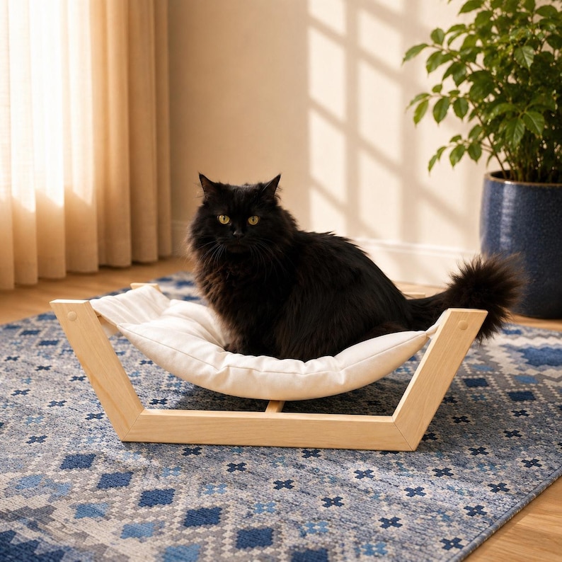 Scandinavian Cat Bed, Minimalist Wooden Cat Hammock with Removable Washable Pillow, Modern Indoor Pet Furniture Natural Wood + White