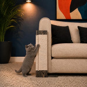 Peut inclure: Un chat gris se tient sur ses pattes arrière et griffe un griffoir vertical en corde de sisal fixé sur le côté d'un canapé beige. Le griffoir est doté d'embouts en bois teinté foncé en haut et en bas, offrant une structure solide au félin.
