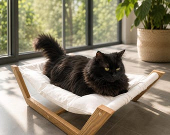 Scandinavian Cat Bed, Minimalist Wooden Cat Hammock with Removable Washable Pillow, Modern Indoor Pet Furniture