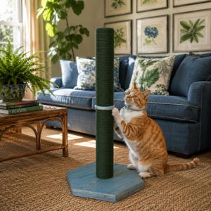 Handgjord klösbräda i trä för katt, premium golvklösstång med naturligt furuträ och slitstarkt repband