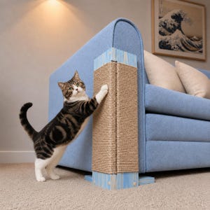 Puede incluir: Un gato atigrado marrón y negro con patas blancas se apoya en sus patas traseras, rascando un poste vertical de cuerda de sisal fijado a la esquina de un sofá tapizado en azul claro. El rascador tiene tapas de madera azul claro en los extremos.