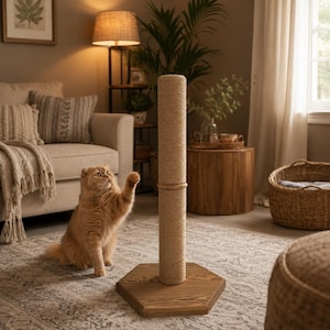 May include: A tall, cylindrical cat scratching post wrapped in natural tan sisal rope, mounted on a solid, dark-stained wooden hexagonal base. The post features a central horizontal ring detail and stands upright on a patterned area rug.
