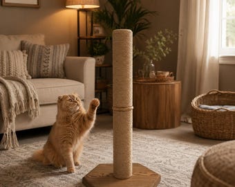 Modern Floor Cat Scratching Post, Tall Wooden Cat Pole with Durable Jute or Cotton Rope, Stable Indoor Cat Furniture
