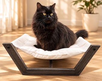 Luxury Cat Bed, Handmade Wooden Cat Hammock with Soft Washable Cushion, Stylish Floor Lounger for Modern Homes