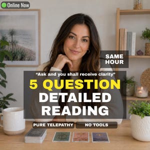 May include: An advertisement for a detailed reading service. The image features a woman smiling, with text overlayed that reads "Ask and you shall receive clarity" and "5 Question Detailed Reading". The image also includes the phrases "Pure Telepathy" and "No Tools".