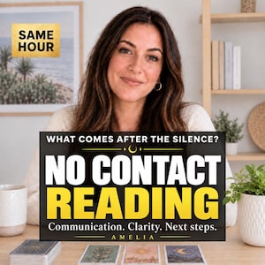 Può includere: Una sovrapposizione grafica digitale con il testo WHAT COMES AFTER THE SILENCE? NO CONTACT READING Communication. Clarity. Next steps. AMELIA. L'immagine include un mazzo di tarocchi e tre carte singole disposte su un tavolo.
