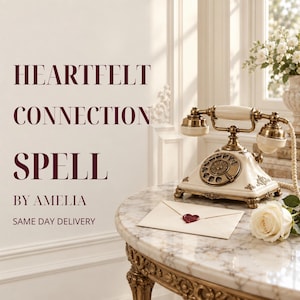 May include: A cream and gold rotary telephone sits on a marble table next to a white envelope sealed with a red heart wax seal and a white rose. The text reads: HEARTFELT CONNECTION SPELL BY AMELIA SAME DAY DELIVERY.