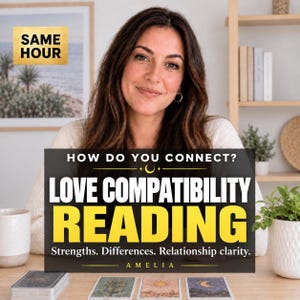 May include: A digital graphic overlay on a photograph features the text: HOW DO YOU CONNECT? LOVE COMPATIBILITY READING. Strengths. Differences. Relationship clarity. AMELIA. Below the text, three tarot cards are laid out on a wooden surface.